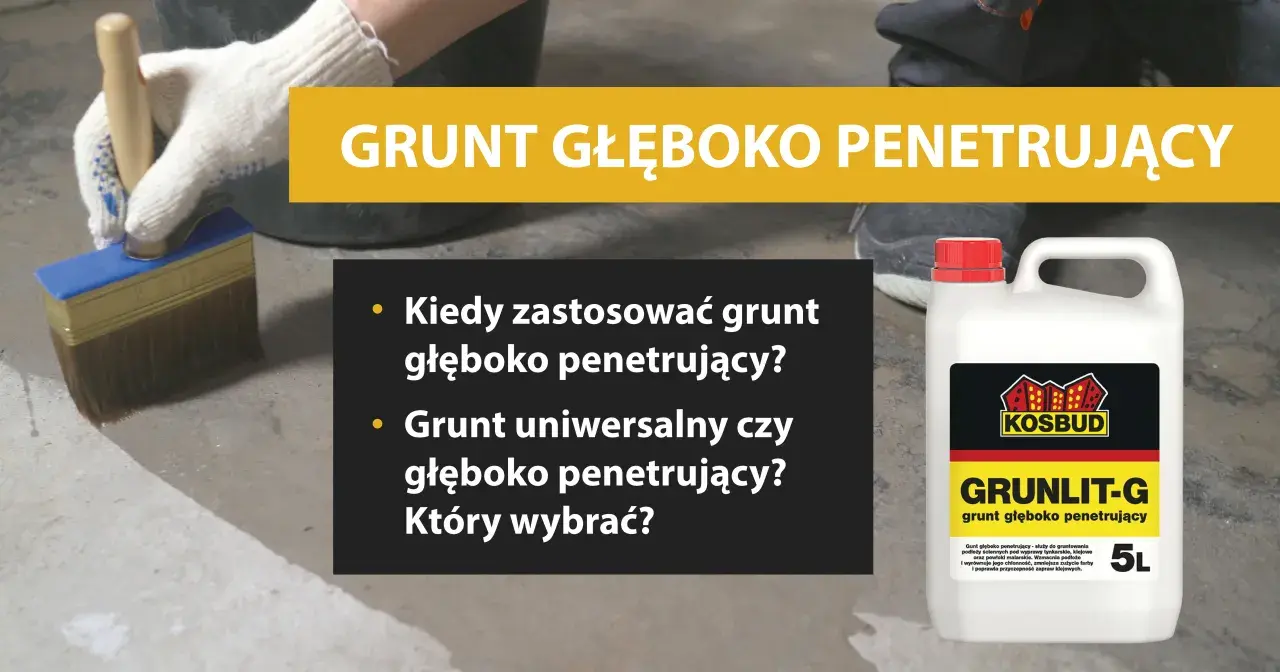 Ręka w rękawicy nakłada grunt głęboko penetrujący pędzlem na betonową posadzkę. Obok kanister z produktem.