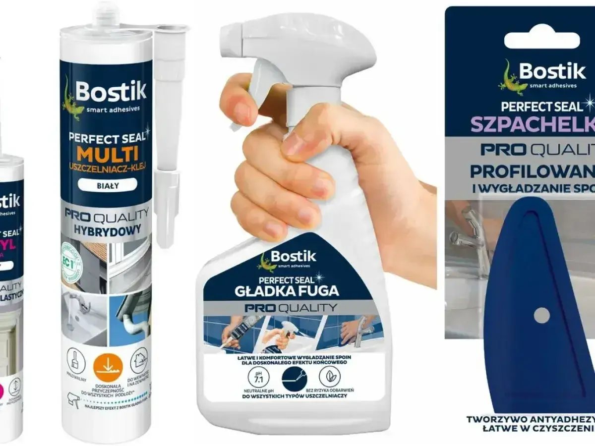 Bostik Perfect Seal: czym odtłuścić przed silikonowaniem? Zestaw zawiera uszczelniacz hybrydowy, wygładzacz fugi w sprayu i szpachelkę.