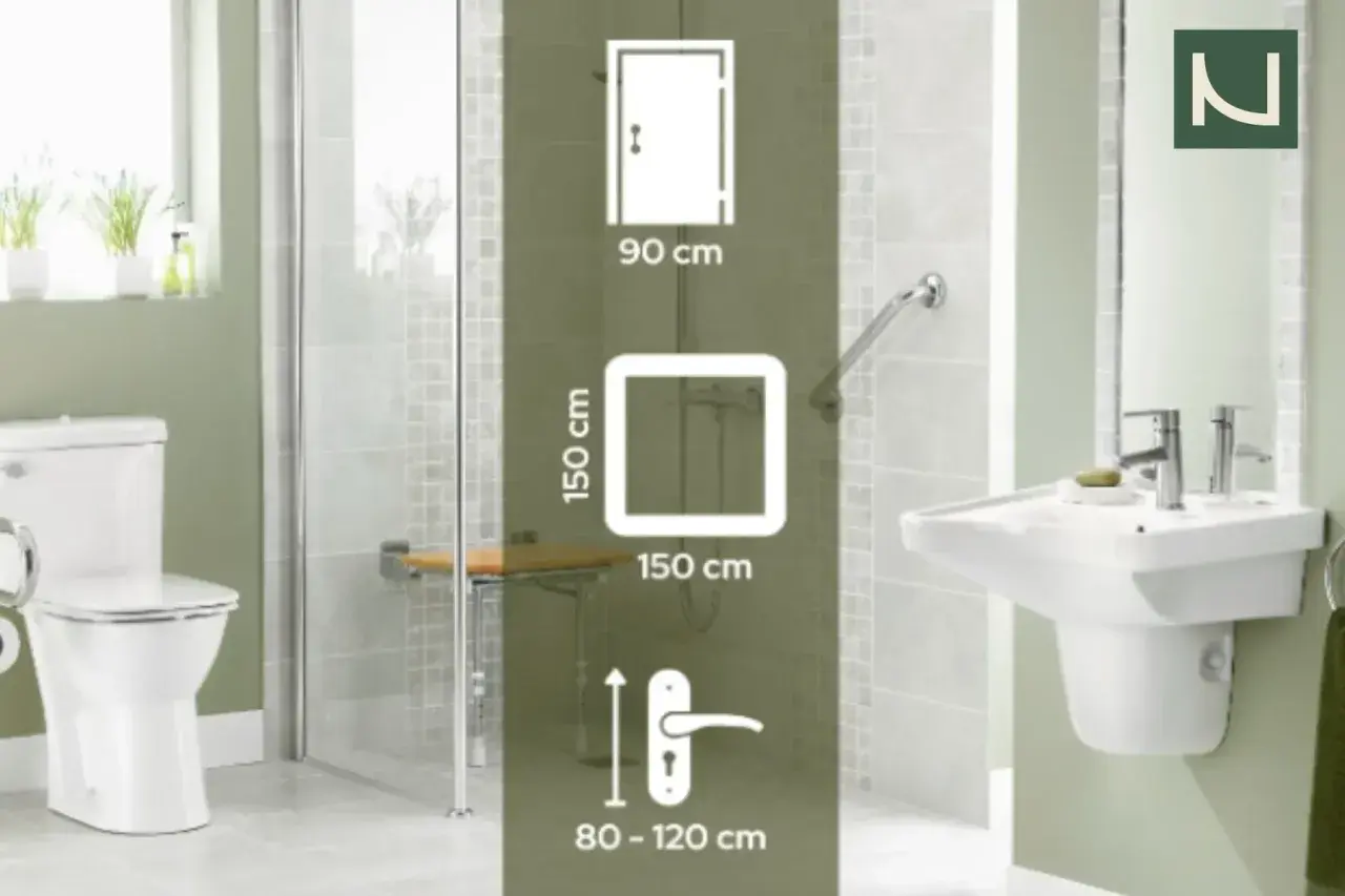Wymiary łazienki dla niepełnosprawnych: drzwi 90 cm, przestrzeń manewrowa 150x150 cm, wysokość uchwytu 80-120 cm.