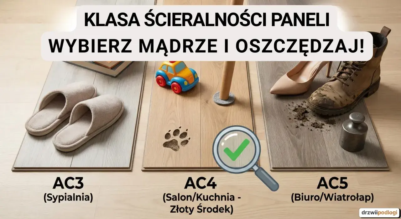 Panele podłogowe o różnej klasie ścieralności: AC3 (sypialnia), AC4 (salon/kuchnia) i AC5 (biuro/wiatrołap). Wybierz mądrze!