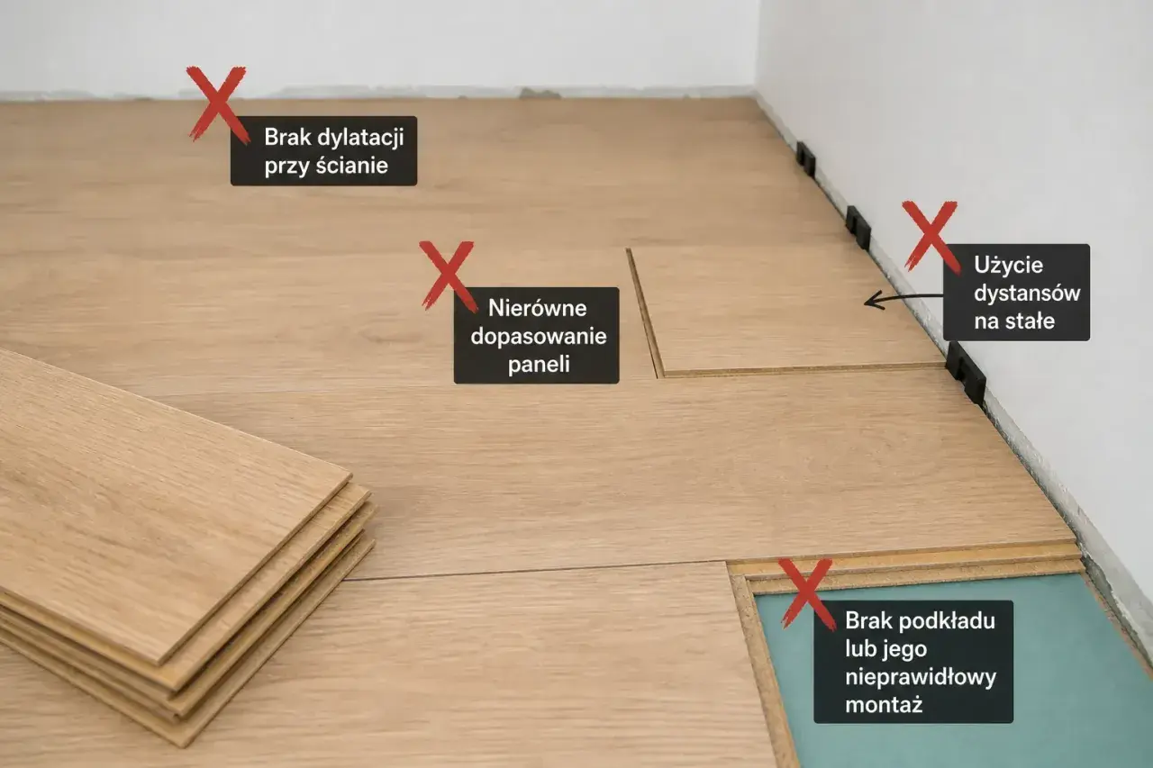 Źle położone panele: brak dylatacji, nierówne dopasowanie, użycie dystansów na stałe, brak lub nieprawidłowy montaż podkładu.