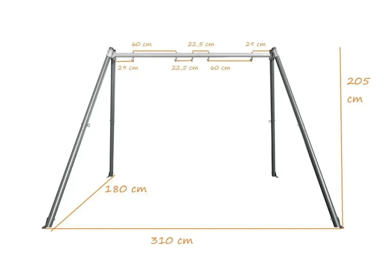 Wymiary huśtawki ogrodowej: wysokość 205 cm, szerokość 310 cm, głębokość 180 cm. Idealna do zrobienia huśtawki.