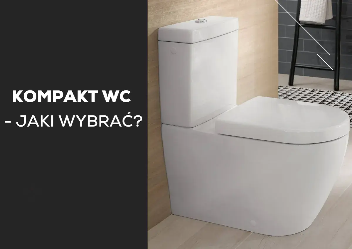 Nowoczesny kompakt WC w łazience. Biała ceramika, drewniane panele i czarno-biała mata.