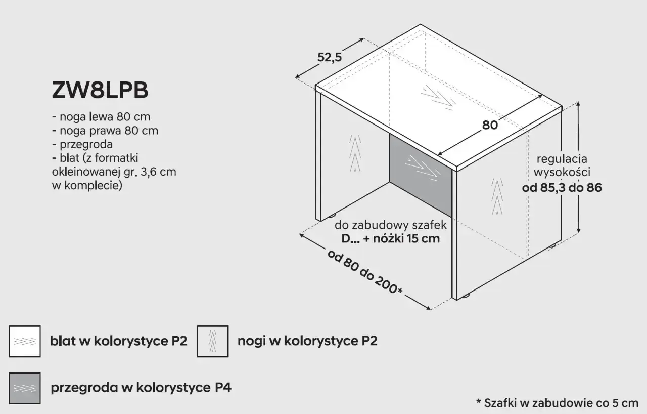 Schemat wyspy kuchennej z wymiarami: blat 80 cm, regulacja wysokości od 85,3 do 86 cm. Nogi 80 cm.