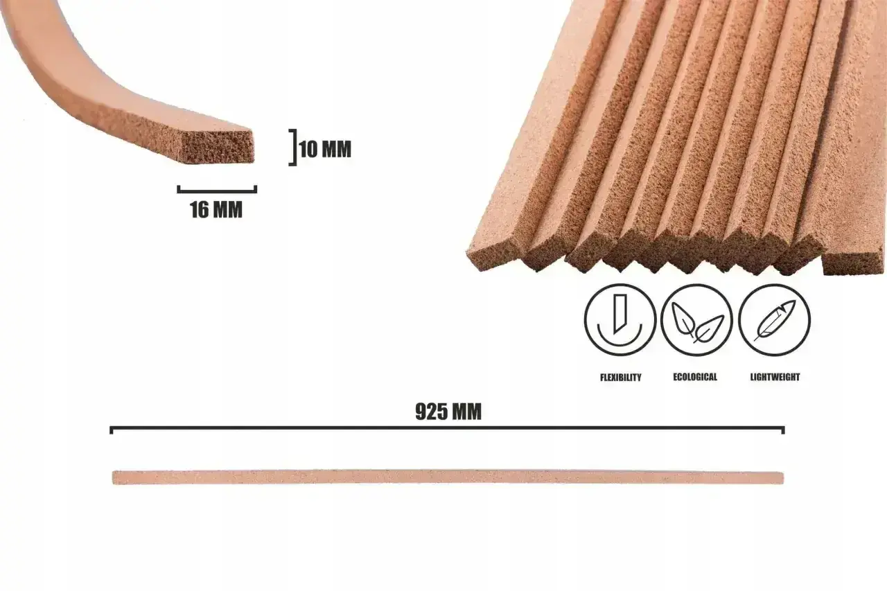 Elastyczne, ekologiczne paski korkowe do łączenia płytek z panelami. Wymiary 10x16 mm, długość 925 mm.