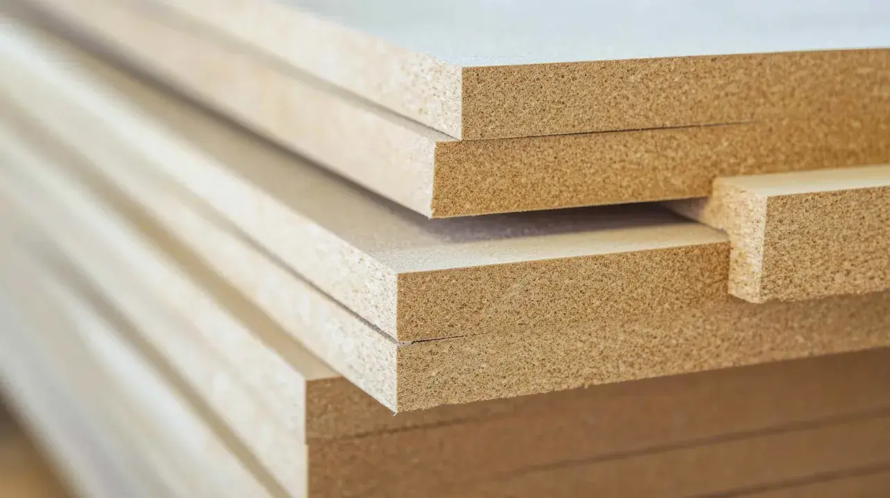 Stos płyt laminowanych i mdf, gotowych do produkcji mebli.