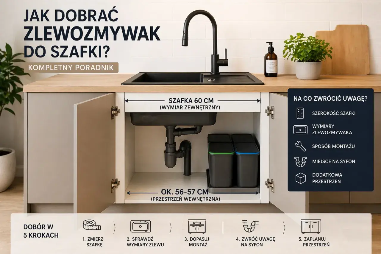 Poradnik: jak dobrać rodzaje zlewów kuchennych do szafki. Wymiary szafki 60 cm, przestrzeń wewnętrzna 56-57 cm.