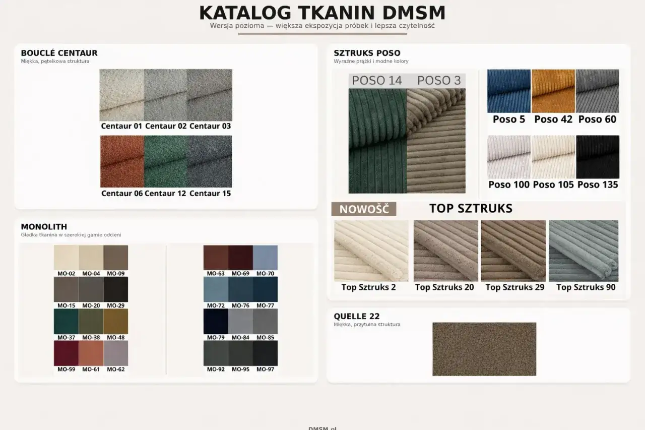 Katalog tkanin DMSM prezentuje wzornik materiałów: Bouclé Centaur, Monolith, Sztruks Poso, Top Sztruks i Quelle 22 w różnych kolorach.