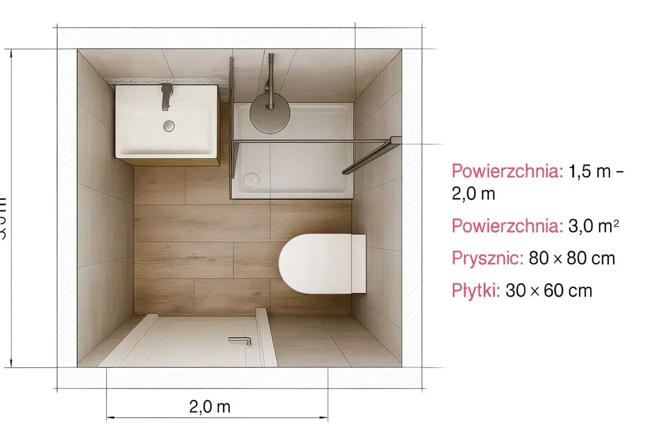 Projekt łazienki z widokiem z góry. Wymiary pomieszczenia 2,0 m x 3,5 m. Prysznic 80x80 cm, umywalka i toaleta.