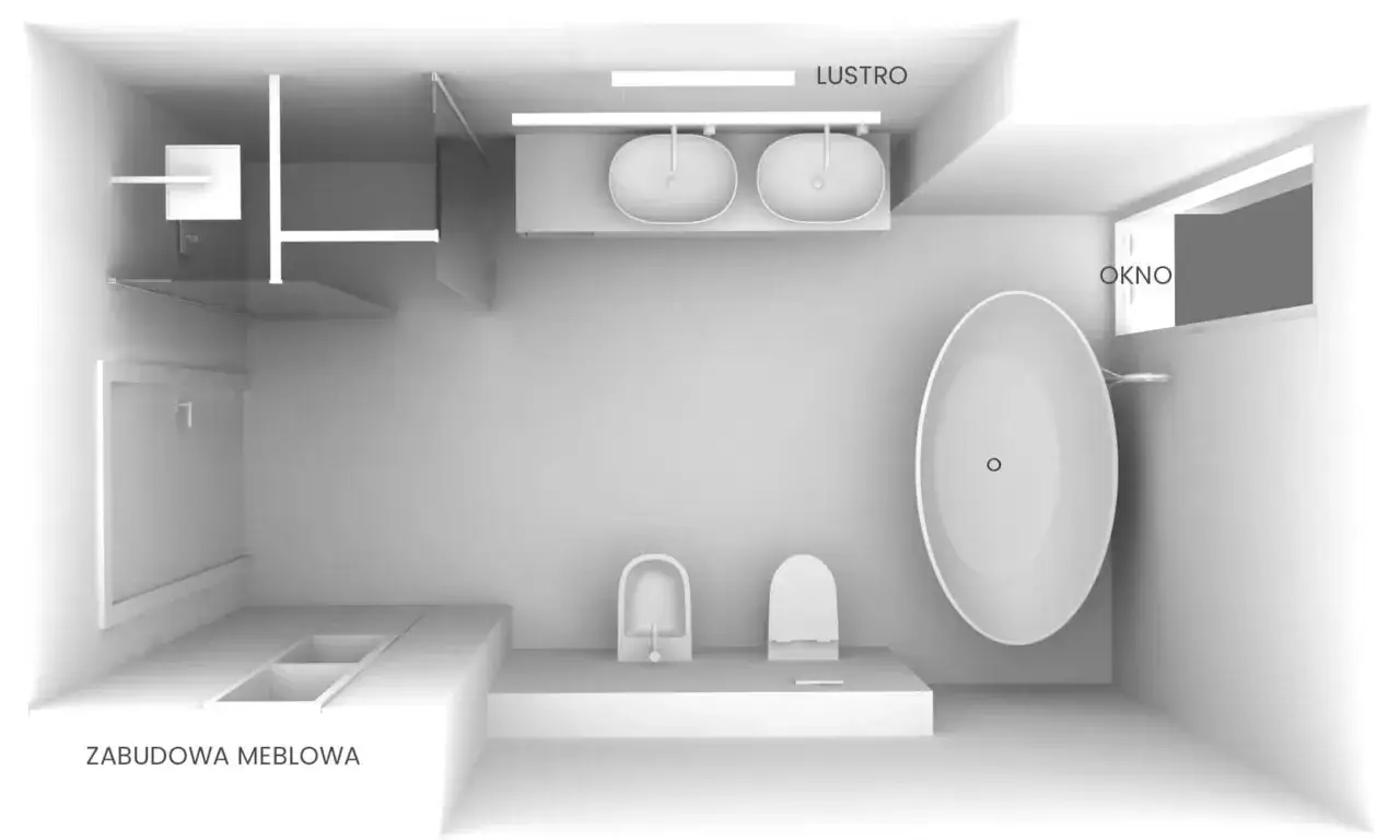 Projekt łazienki: wanna, podwójna umywalka pod lustrem, toaleta, zabudowa meblowa i okno.