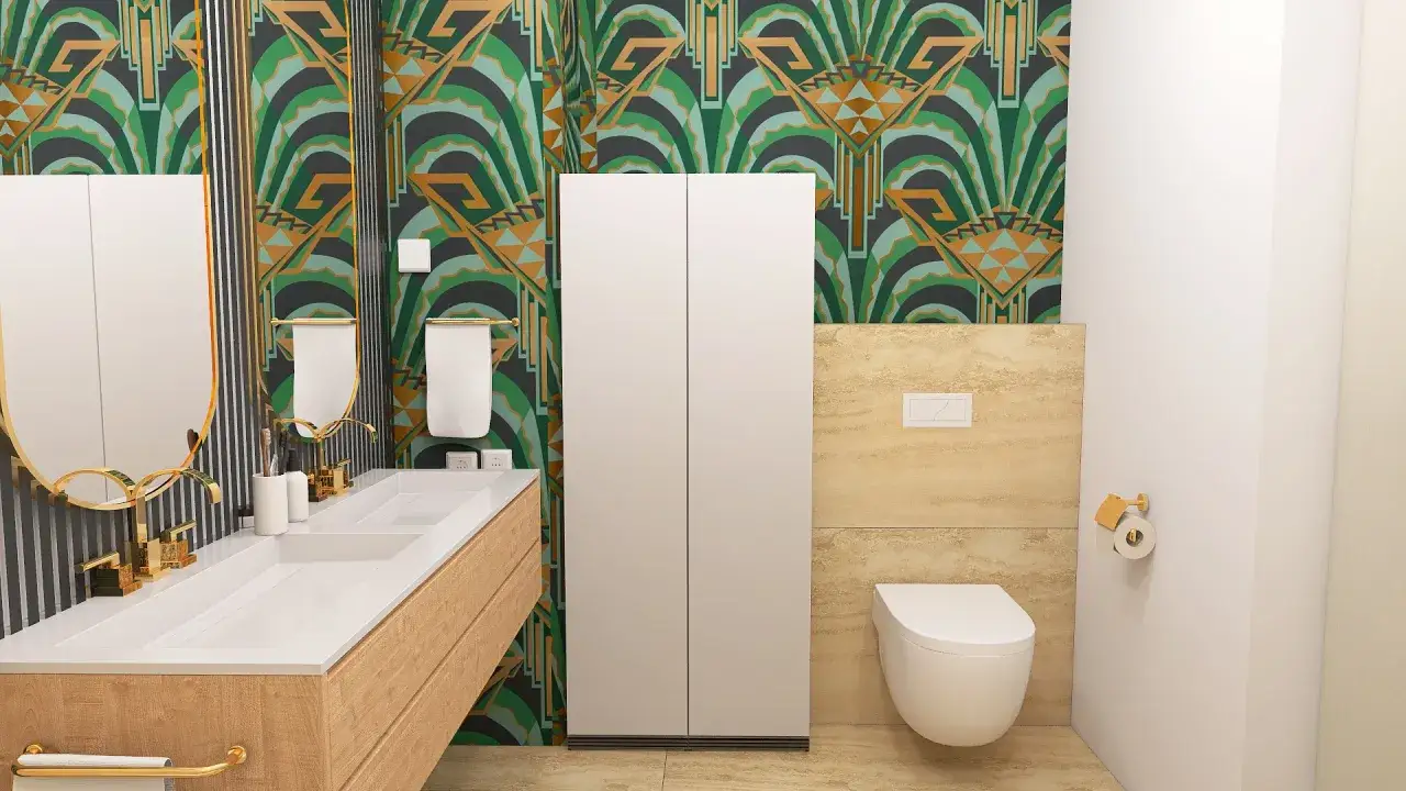 Wzorowa łazienka w stylu art déco z podwójną umywalką, złotymi bateriami i efektowną tapetą.