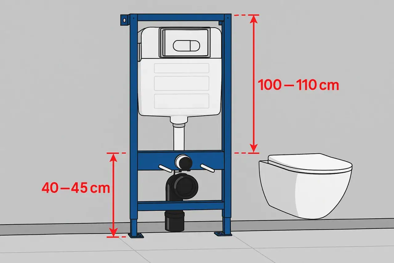 Schemat instalacji stelaża podtynkowego. Wskazane wymiary: 100-110 cm (wysokość spłuczki), 40-45 cm (odległość WC od ściany).