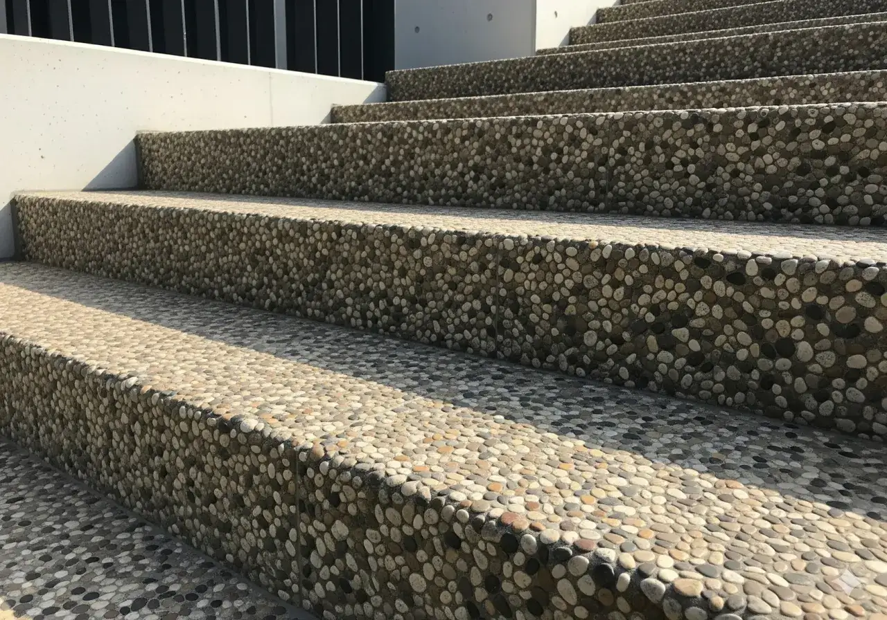 Schody betonowe wykończone kamyczkami to tani i efektowny sposób na nadanie im naturalnego wyglądu.