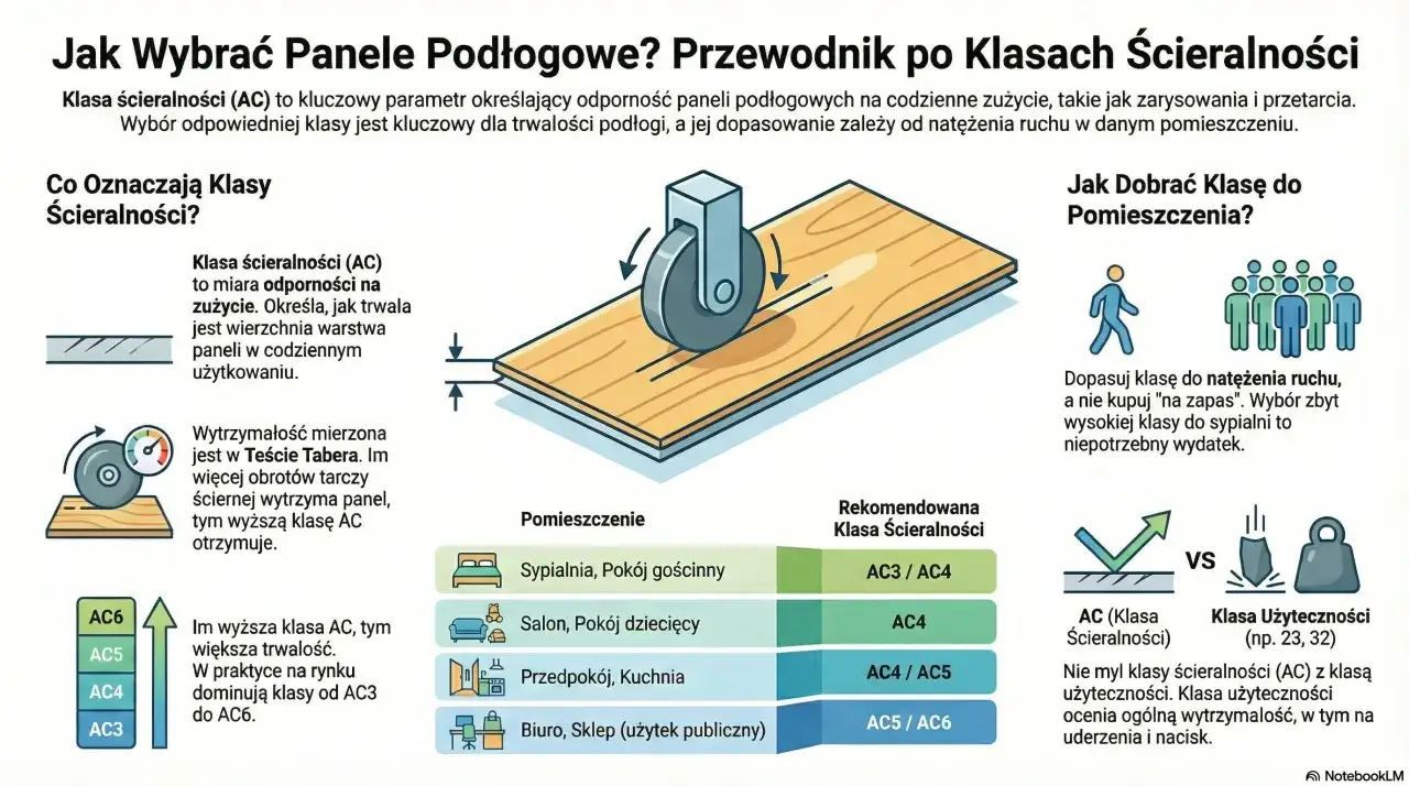 Ilustracja wyjaśnia, jak wybrać panele podłogowe, skupiając się na klasie ścieralności (AC). Pokazuje test ścierania i zalecane klasy AC do różnych pomieszczeń.