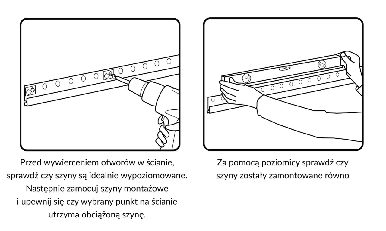 Wieszanie szafek na listwie: wkręcanie szyny montażowej w ścianę i sprawdzanie jej poziomu poziomicą.