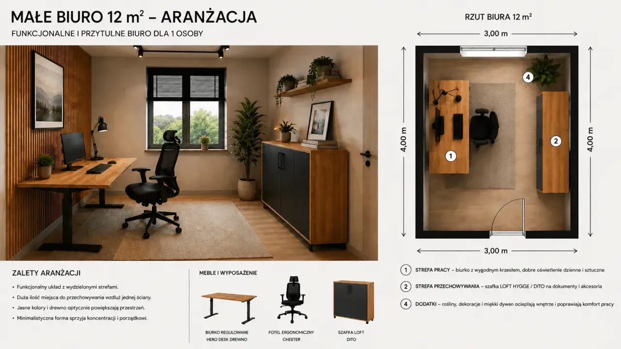 Funkcjonalne biurko z regulacją wysokości, ergonomiczny fotel i szafka tworzą komfortową przestrzeń do pracy. Biurko wymiary standardowe.