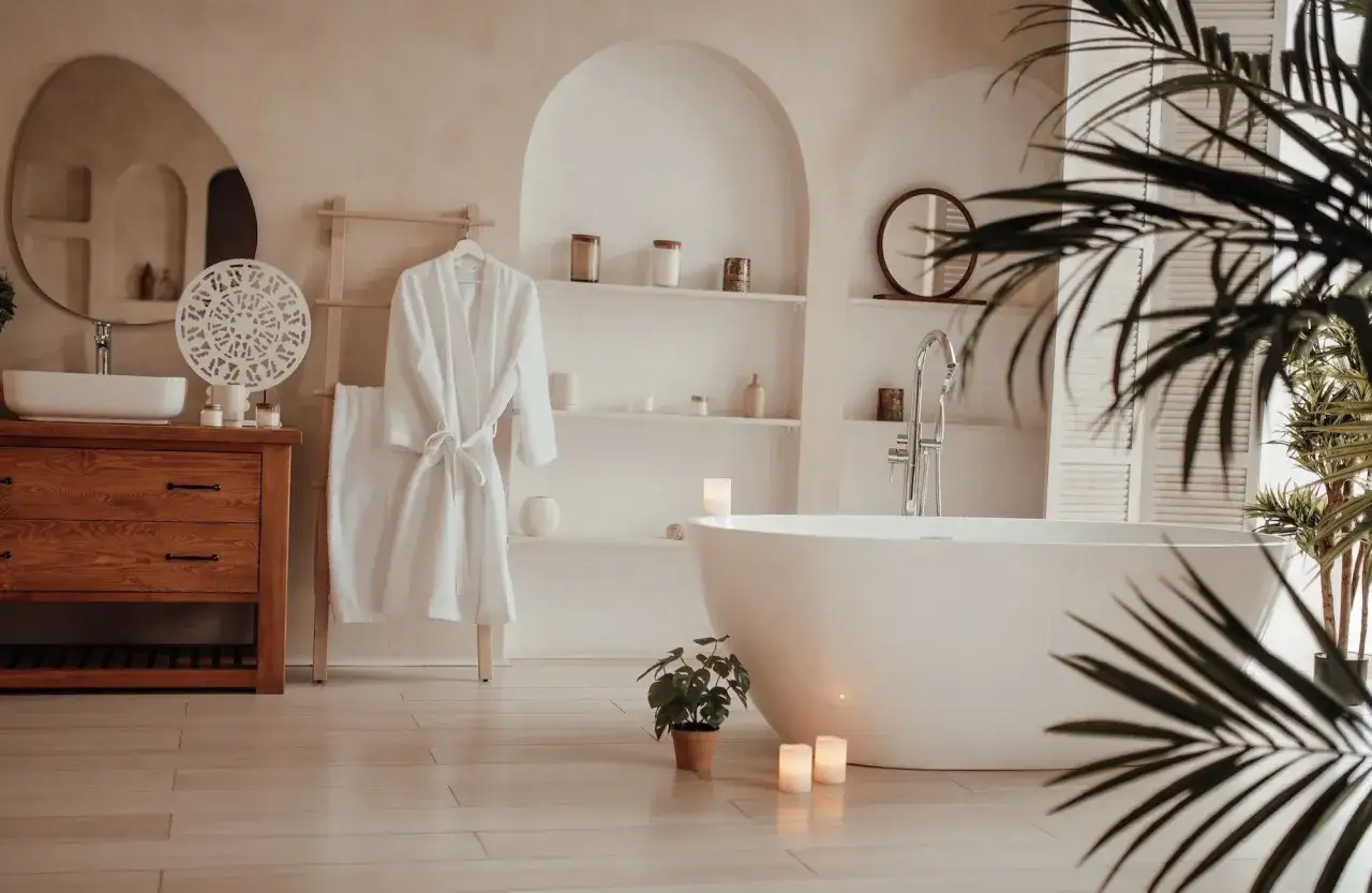 Relaks w łazience jak spa: wolnostojąca wanna, biały szlafrok, świece i zieleń tworzą oazę spokoju.