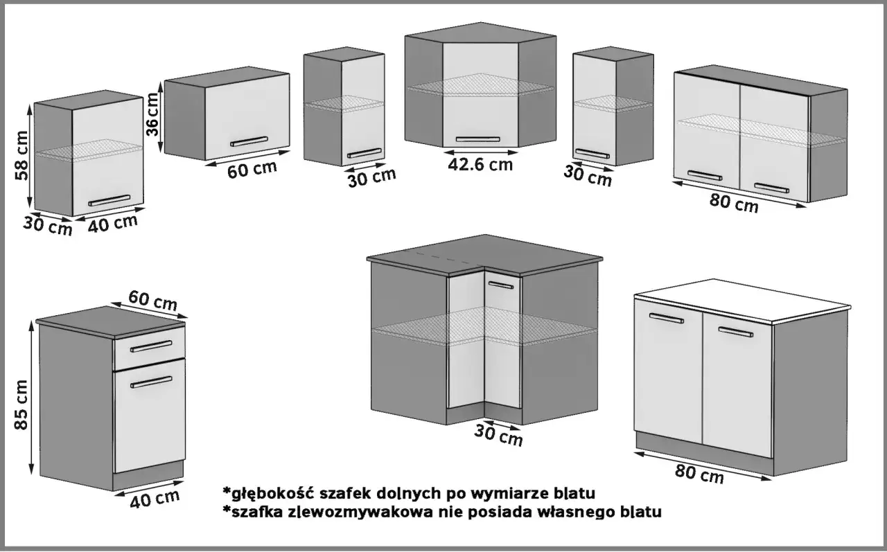 Wymiary szafek kuchennych: szerokość blatu kuchennego 60 cm, 80 cm, 42,6 cm. Szafki wiszące i stojące.